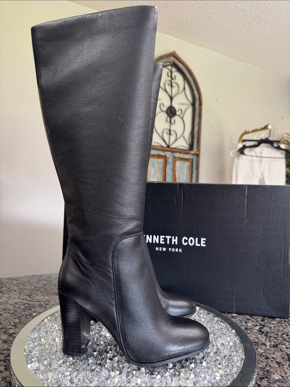 Kenneth Cole Black pebbled Leather Knee-High Block Heel Boots NEW 8